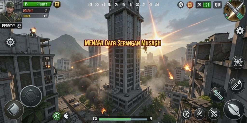 Screenshot gameplay PPRRYY menampilkan serangan menara ke arah musuh.