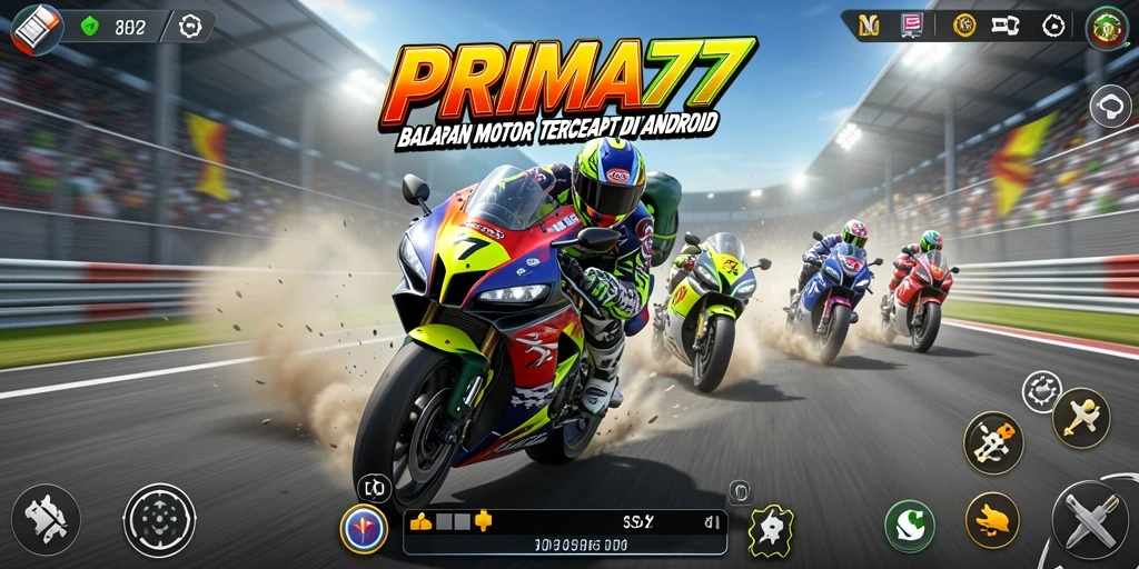 Tampilan gameplay mendebarkan di PRIMA77 saat balapan motor.